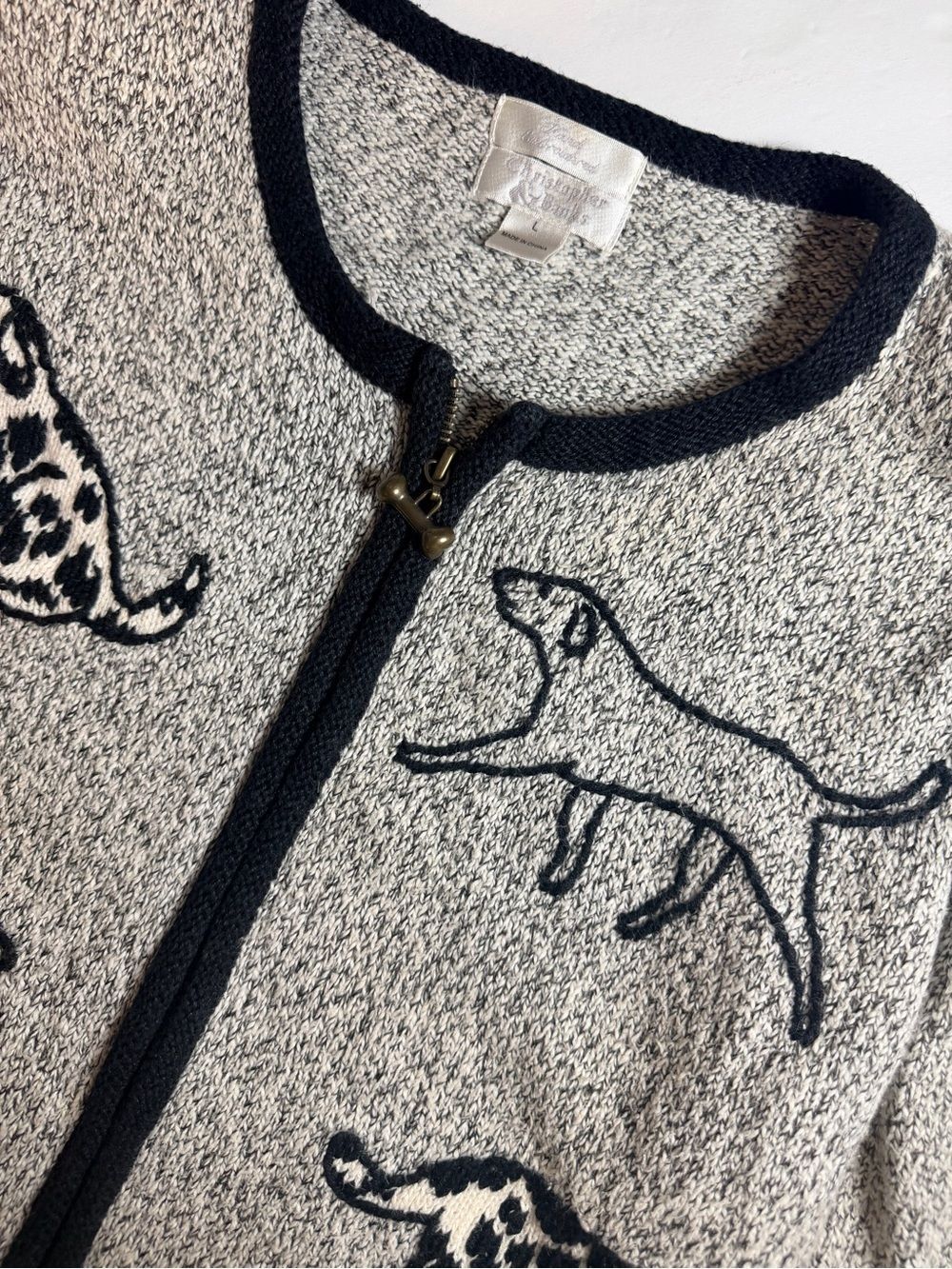Christopher & Banks Hand Embroidered Dog Sweater Large Full Zip Gray Black Knit